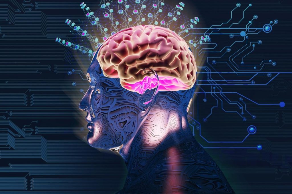 image of a human created by artificial intelligence and his brain visible in the skull