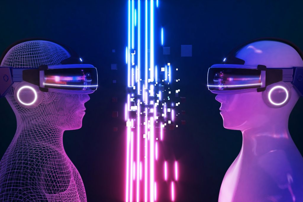 Two robots with virtual reality goggles in their eyes stand facing each other