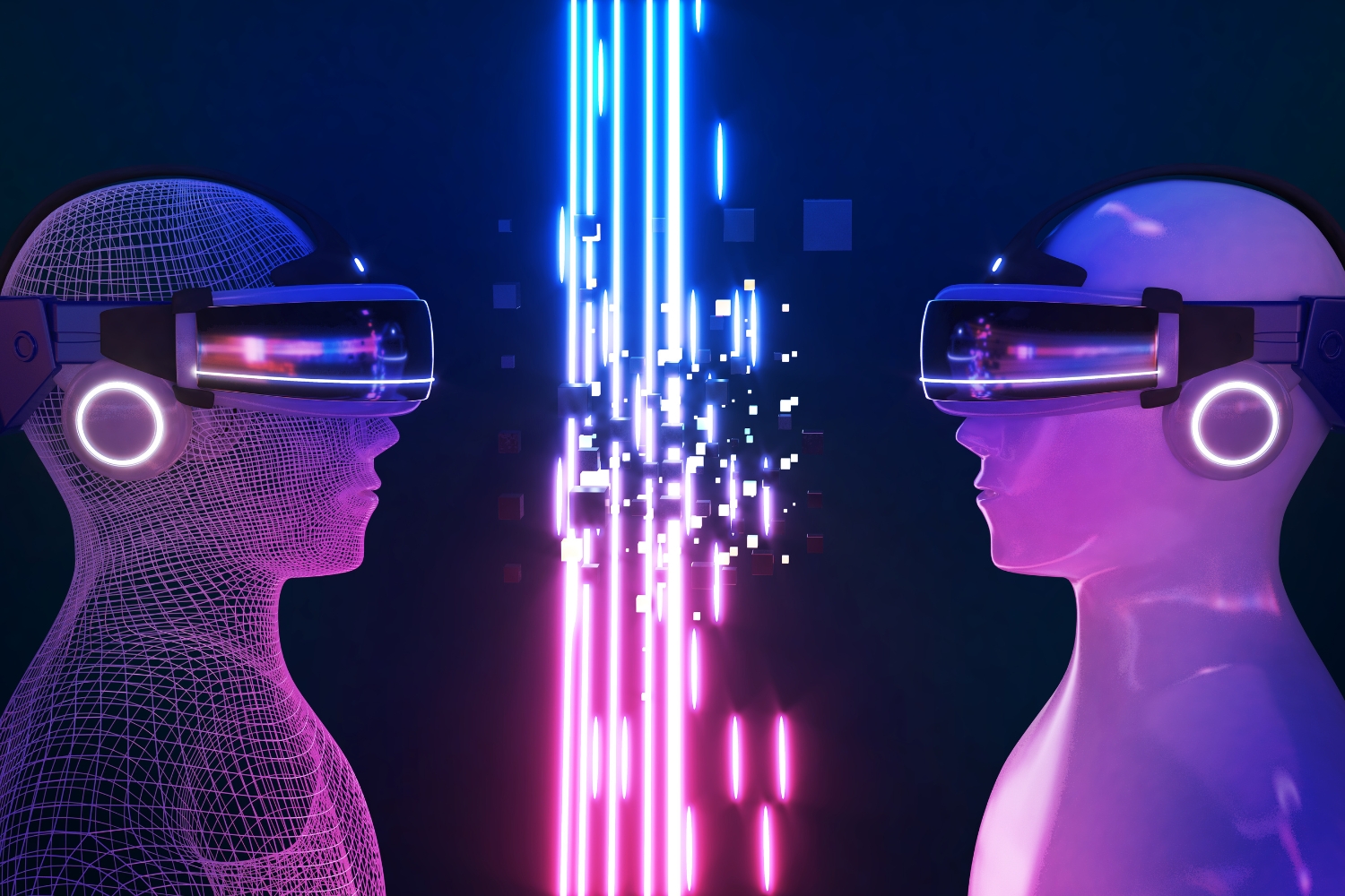 Two robots with virtual reality goggles in their eyes stand facing each other