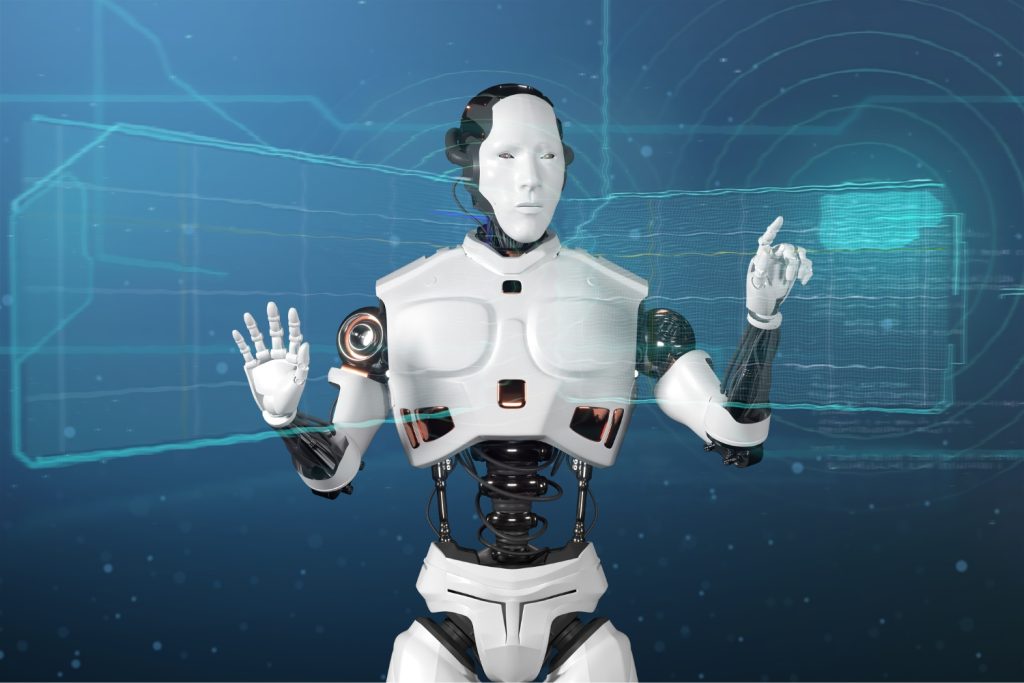 A robot touchs a transparent screen