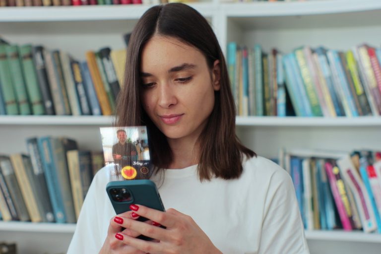 A woman looks her social media account